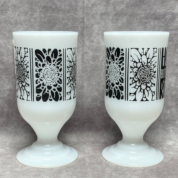 2 Vintage Milk Glass "Hot Buttered Rum" Pedestal Mugs With Black Floral Design - Picture 2 of 9